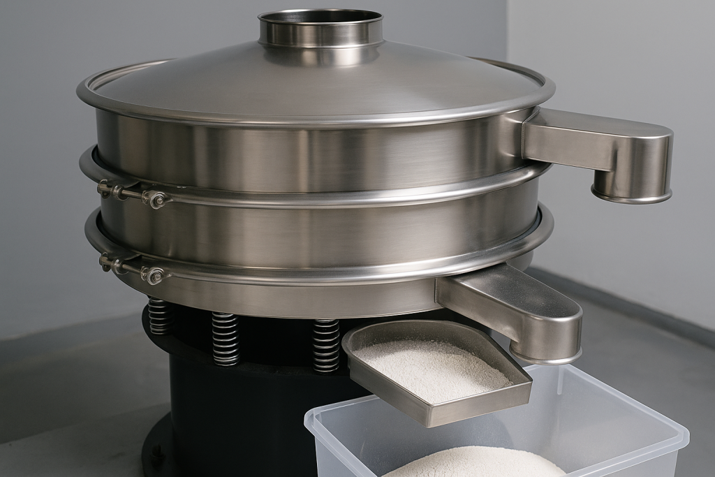 เครื่องร่อนระบบสั่นทรงกลมสแตนเลสกำลังทำงานภายในโรงงานแปรรูปอาหาร ใช้คัดแยกแป้งหรือน้ำตาลในสภาพแวดล้อมสะอาดและถูกสุขอนามัย