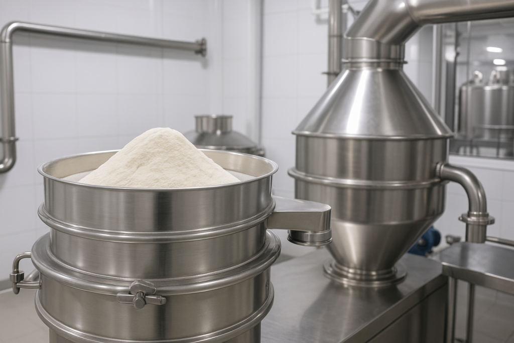 อุปกรณ์สแตนเลสสำหรับวัตถุดิบผงในไลน์ผลิตอาหาร แสดงการออกแบบแบบ Hygienic ที่ทำความสะอาดง่ายและลดการปนเปื้อน