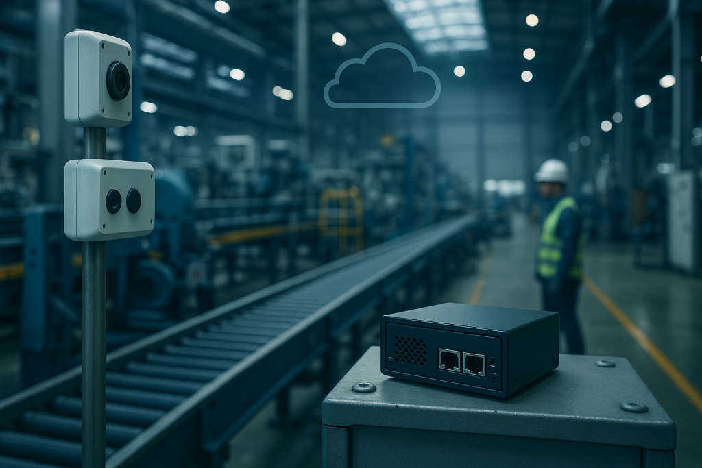 ภาพถ่ายมุมกว้างภายในโรงงานอุตสาหกรรม มีเครื่องจักรและสายพานลำเลียง ด้านหน้าเห็นเซ็นเซอร์และกล่อง Edge Gateway ขนาดเล็กใกล้เครื่องจักร พื้นหลังมีไอคอนเมฆแสดงการเชื่อมต่อคลาวด์ โทนสีฟ้า-เทา แสงนุ่มแบบภาพยนตร์ ให้ความรู้สึกทันสมัยและเทคโนโลยี