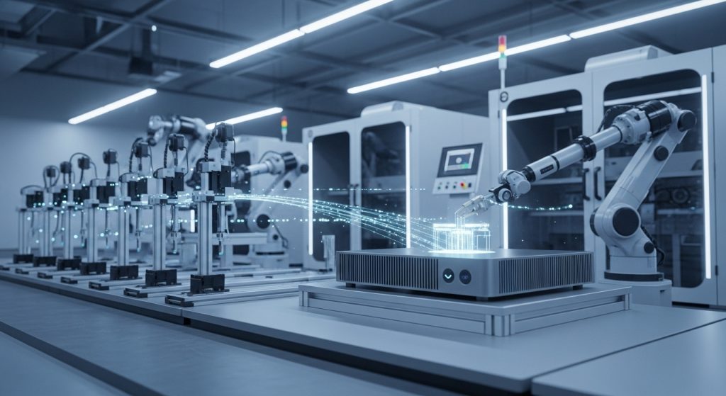 Industrial Edge Intelligence ภาพมุมกว้างของโรงงานอุตสาหกรรมสมัยใหม่ที่มีอุปกรณ์ Edge Gateway อยู่ใกล้เครื่องจักร พร้อมเซ็นเซอร์และแขนกลที่ทำงานประสานกันแบบเรียลไทม์ บรรยากาศโทนฟ้าเทา สื่อถึงการประมวลผลและการตัดสินใจที่เกิดขึ้นใกล้หน้างาน