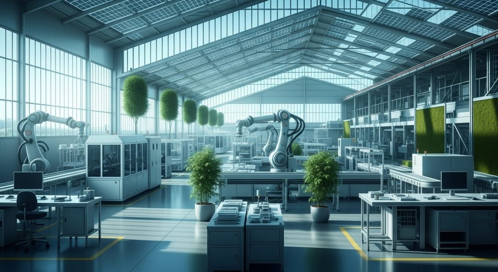 ภาพมุมกว้างของโรงงานอุตสาหกรรมสมัยใหม่ที่ใช้พลังงานอย่างมีประสิทธิภาพ มีเครื่องจักรสีเงิน แสงธรรมชาติส่องผ่านหน้าต่างขนาดใหญ่ หลังคามีแผงโซลาร์เซลล์ และมีต้นไม้เขียวแซมภายใน ให้บรรยากาศสะอาด เป็นมิตรต่อสิ่งแวดล้อม