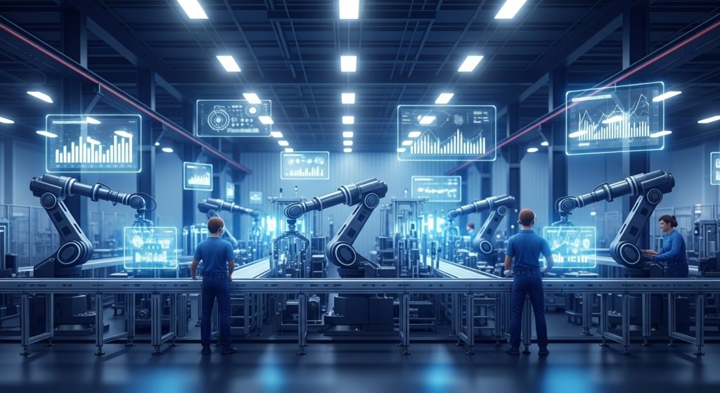 Cognitive Manufacturing ภาพโรงงานอุตสาหกรรมสมัยใหม่ที่มีแขนกลและพนักงานทำงานร่วมกันบนสายการผลิตอัตโนมัติ พร้อมจอแสดงข้อมูลโปร่งใสในบรรยากาศโทนฟ้าเย็น สื่อถึงโรงงานที่มีระบบ AI วิเคราะห์และเรียนรู้ได้ด้วยตนเอง