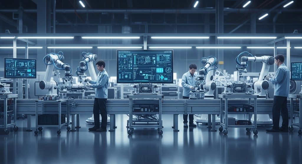 ภาพมุมกว้างภายในโรงงานอุตสาหกรรมที่คนและหุ่นยนต์ร่วมงานกันบนสายการผลิต มีแขนกล เครื่องตรวจจับ และจอควบคุมดิจิทัล โทนสีฟ้าเทา แสงนุ่มแบบภาพยนตร์ ให้บรรยากาศความร่วมมือระหว่างมนุษย์และเทคโนโลยี