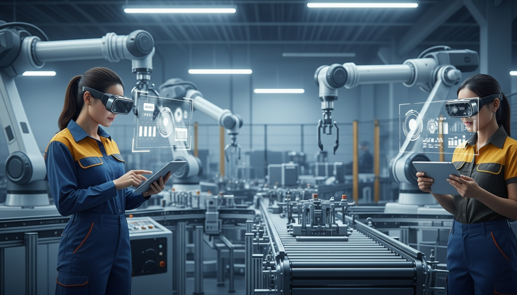 Connected Workforce ภาพมุมกว้างของโรงงานอุตสาหกรรมสมัยใหม่ที่มีพนักงานสวมแว่นตา AR และใช้แท็บเล็ตทำงานร่วมกับแขนกลและสายพานอัตโนมัติ บรรยากาศทันสมัย โทนสีฟ้าเทา สื่อถึงการทำงานร่วมกันระหว่างคนกับเทคโนโลยีแบบเรียลไทม์