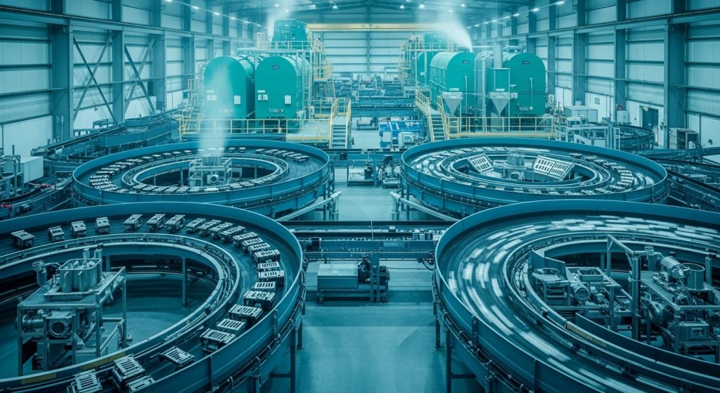 Zero Waste Factory ภาพมุมกว้างของโรงงานอุตสาหกรรมที่มีสายพานลำเลียงแบบวงกลมหลายชุด แสดงให้เห็นแนวคิดการผลิตแบบหมุนเวียนที่นำวัสดุกลับมาใช้ใหม่ ระบบภายในสะอาดและเป็นระเบียบในโทนสีฟ้า-เขียว