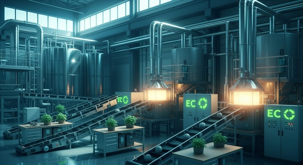 Zero Waste Factory ภาพมุมกว้างของโรงงานอุตสาหกรรมที่ออกแบบให้ของเสียกลับมาใช้ใหม่ได้ มีสายพานลำเลียง เครื่องแปลงพลังงาน และถังเก็บความร้อน แสงธรรมชาติส่องผ่านหน้าต่างสูง โทนสีฟ้า-เขียวให้บรรยากาศสะอาดและเป็นมิตรต่อสิ่งแวดล้อม