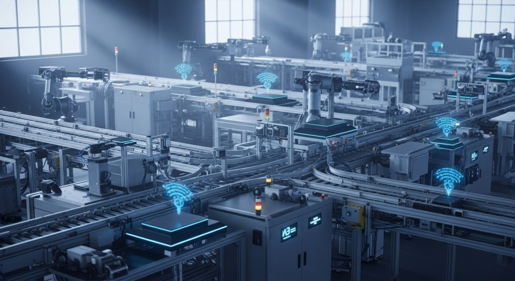 Adaptive Production สายการผลิตอุตสาหกรรมแบบอัตโนมัติที่มีแขนกลและเซ็นเซอร์อัจฉริยะ ปรับการทำงานได้เองตามข้อมูลแบบเรียลไทม์ แสงสีฟ้าเทาให้บรรยากาศล้ำยุคและนิ่งสงบ